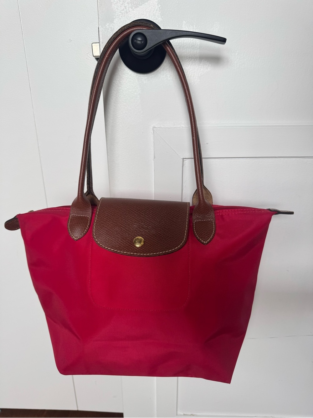 Longchamp Le Pliage Medium Red Tote with Brown Leather Trim